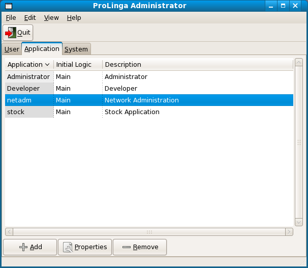 Screenshot of the List of Applications in the ProLinga Administrator including netadm.
