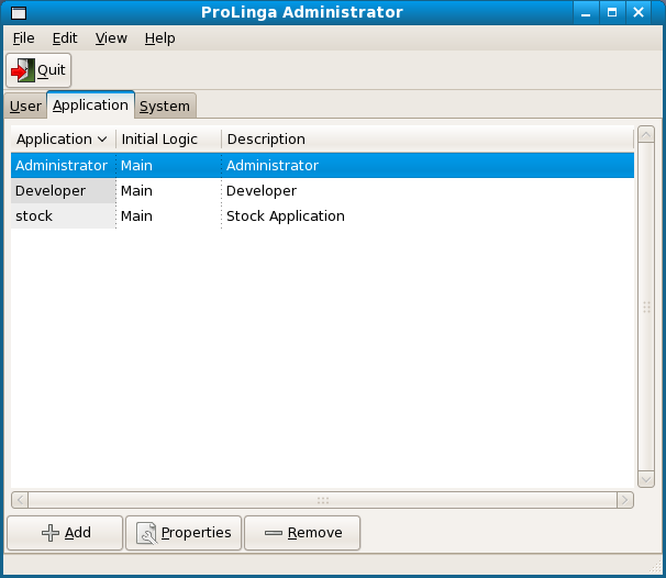 Screenshot of the List of Applications in the ProLinga Administrator.