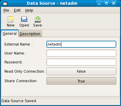 Screenshot of the data source netadm in the ProLinga Developer.