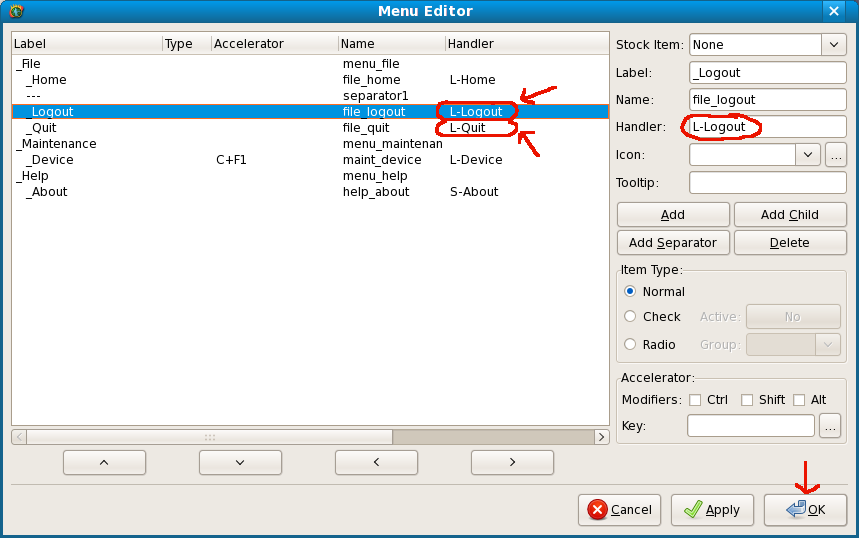 Screenshot of how to update the pulldown menu item signal handler.