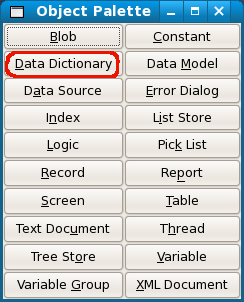 Screenshot of the data dictionary button on the object palette.