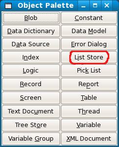 Screenshot of the list store button on the object palette.
